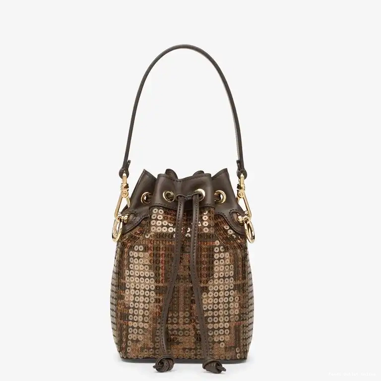 Cheap Brown with Motif Tresor FF Fabric Fendi Mini Mon Bag In Sequins Bucket 0521